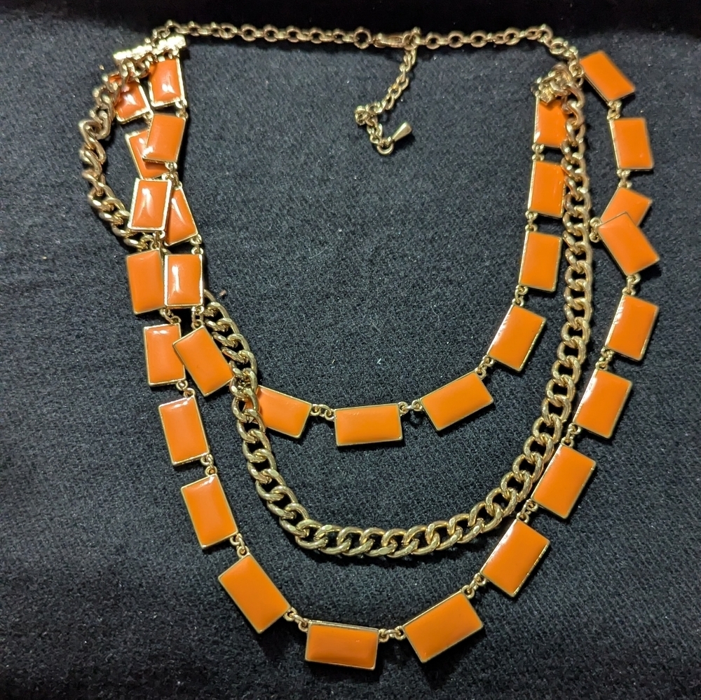 Gold Tone Orange Enamel Rectangle And Chain Chunky Layered Statement Necklace